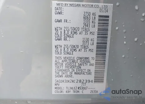 2024 Nissan Pathfinder Platinum 4Wd из США, поврежденный, VIN 5N1DR3DK2RC282394